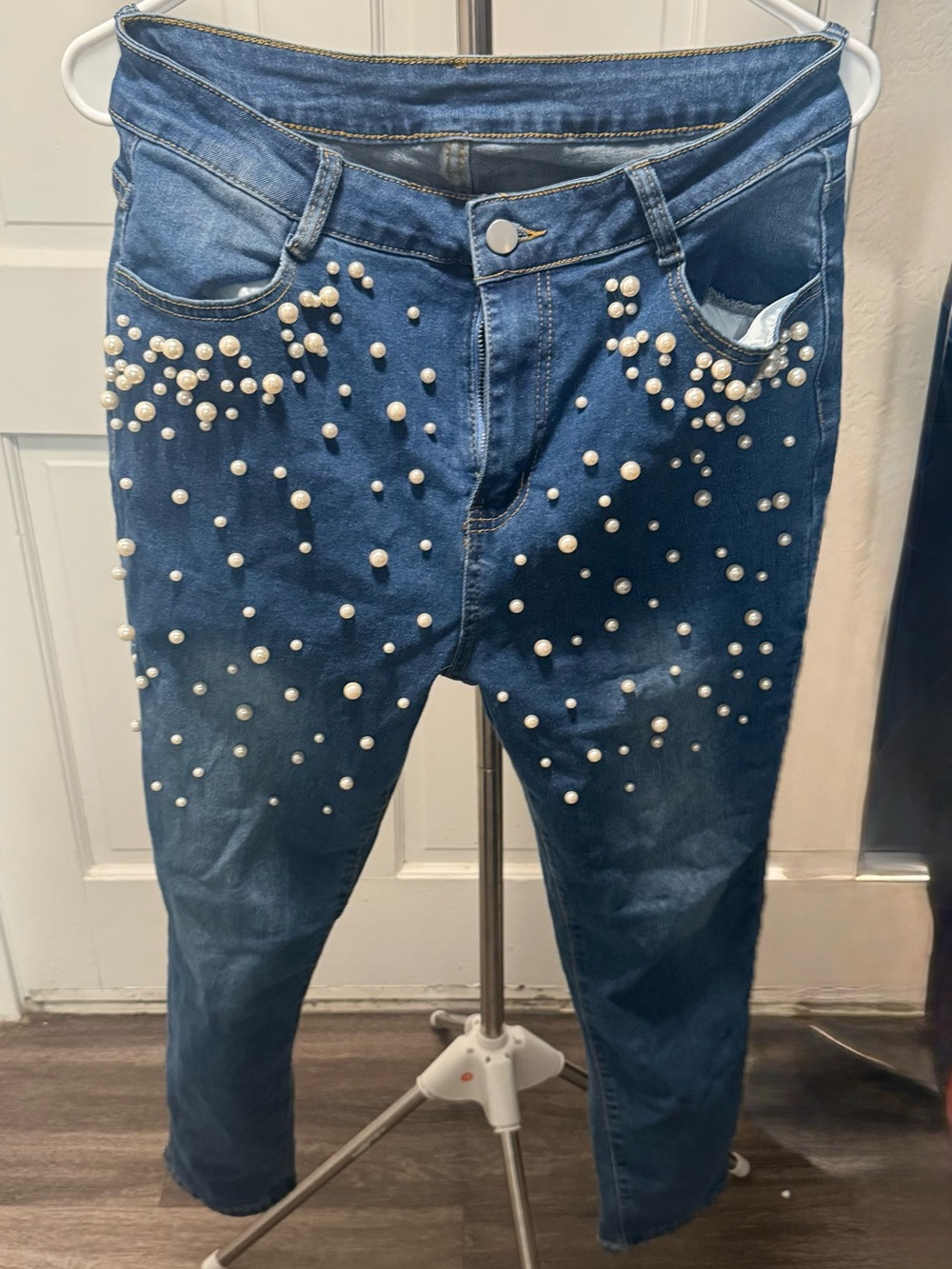 Dark Blue Pearl-Embellished Jeans
